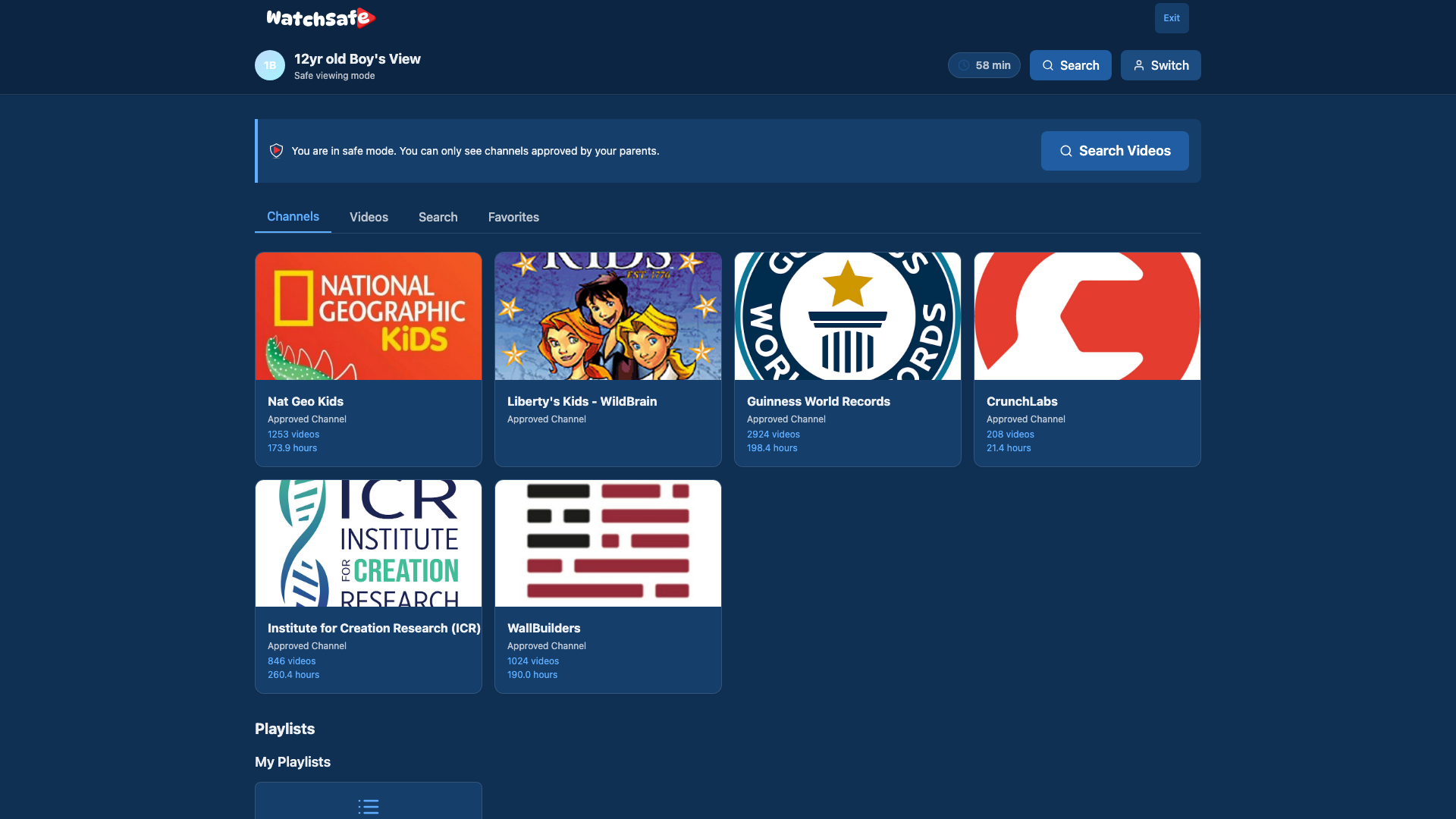 Child's safe viewing interface showing approved channels, safe mode banner, and navigation tabs